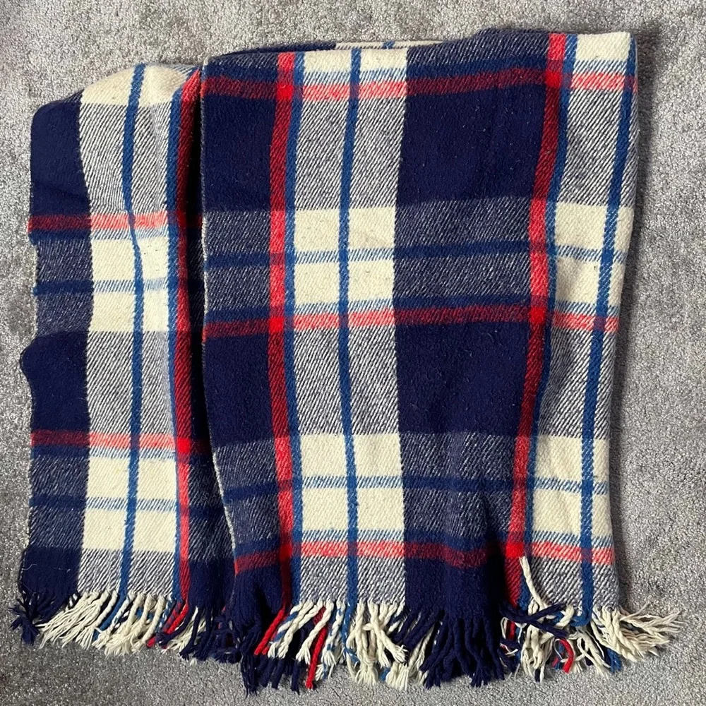 John Wanamaker Plaid Blue Red Ivory Made in Italy Vintage Blanket 53 X 72